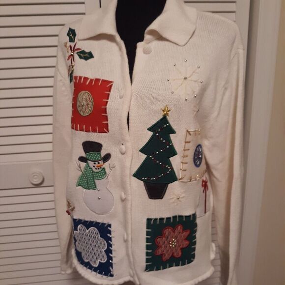 Crystal Kobe Christmas Cardigan Sweater Womens Sz M Ivory Appliques - Picture 1 of 7